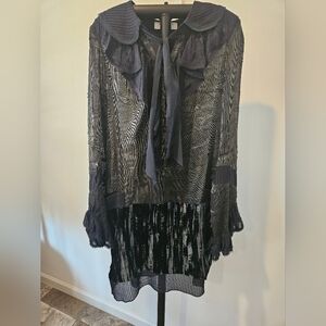 BCBGMAXAZRIA RUNWAY SILK BLACK & METALLIC GOLD RUFFLED EYE CATCHING DRESS SIZE S